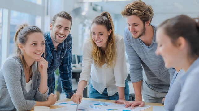 Cheerful Multicultural Coworkers in Open Space Office