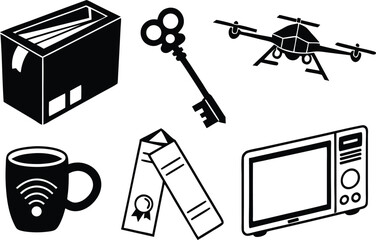 Black fill silhouettes of objects including a drone a key and a microwave wifi