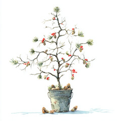 Whimsical, watercolor, skinny, sparse branches, Alpine Christmas Tree, decorated with pine cones and red berries, in a metal pail.