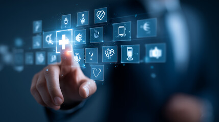 Person Interacting with Health Icons on Screen