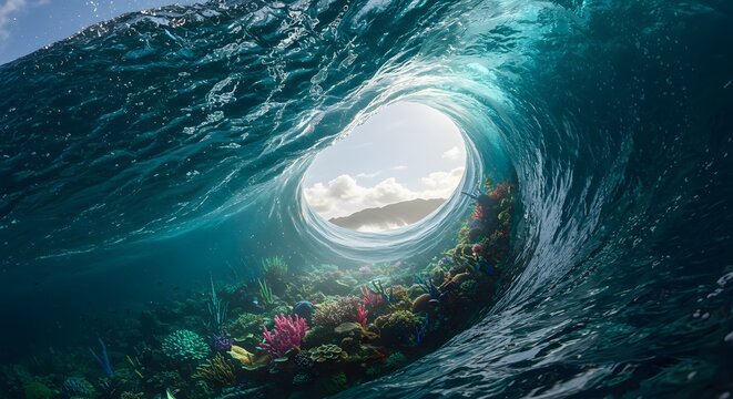 Oceanic Portal: An immersive view of an azure wave forming a captivating portal, revealing the underwater world teeming with vibrant corals and an island in the distant sky. 