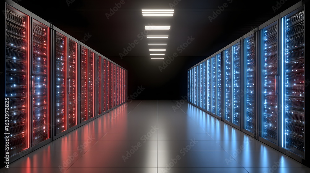 Poster Server racks with red and blue illuminated components in a server room.