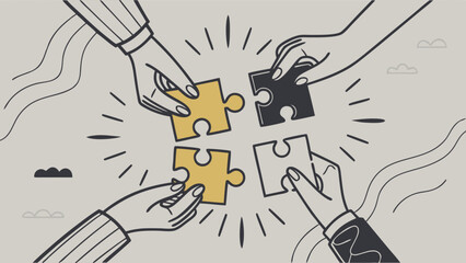 Hands Connecting Puzzle Pieces Collaboration Teamwork and Problem Solving.