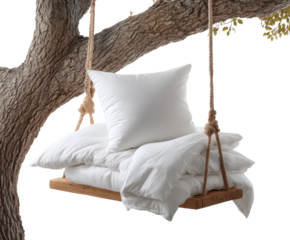 Serene swing with soft pillows tree minimalist, isolated on transparent background, png