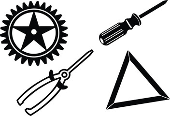 Black silhouettes of tools and geometric shapes gear star