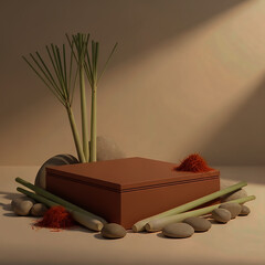 Natural product display pedestal with lemongrass, saffron, and stones in warm light.
