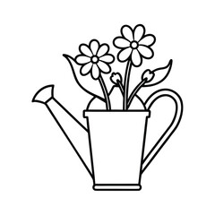 watering can with flowers line art on white background 