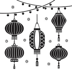 Black silhouettes of traditional paper lanterns and string lights on white background
