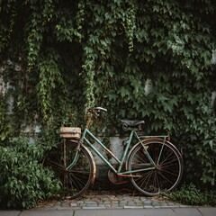 Vintage Bicycle and Ivy Wall: An antique bicycle, weathered by time, rests against a wall covered in vibrant green ivy, telling tales of exploration and quiet beauty.
