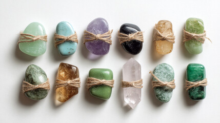Colorful polished crystals tied with twine, showcasing various shapes and hues, evoke sense of tranquility and healing energy