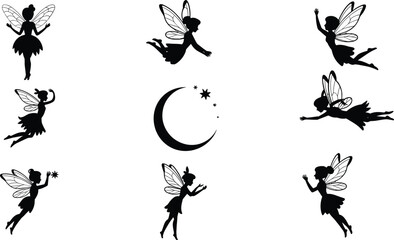 Fairy silhouette vector set, flying fairy graphics, magical moon and stars illustration, fantasy fairy design, whimsical winged fairy art, black fairy clipart, enchanted night scene