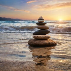 Fototapeta premium A tranquil pyramid of balanced stones on a serene beach during a vibrant sunset, symbolizing harmony, stability, and the practice of zen meditation.
