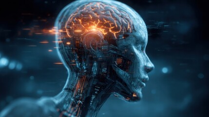 glowing robotic head digital brain