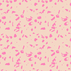 Simple vector seamless texture. Realistic pattern of mosaic floor surface with natural stones, randomly scattered particles. Trending terazzo flooring background. Hot pink and beige repeated design