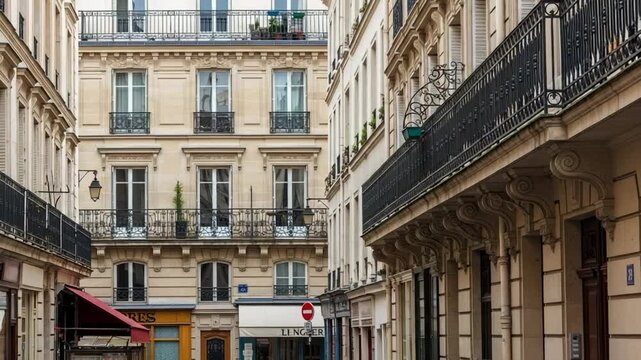 Lingerie shop on a classic Parisian street. Beautiful Haussmannian architecture with ornate balconies and windows in Paris, France.