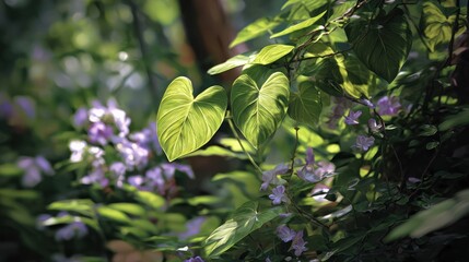 Close-up on lush green plants and lavender flowers bathed in soft, dappled sunlight