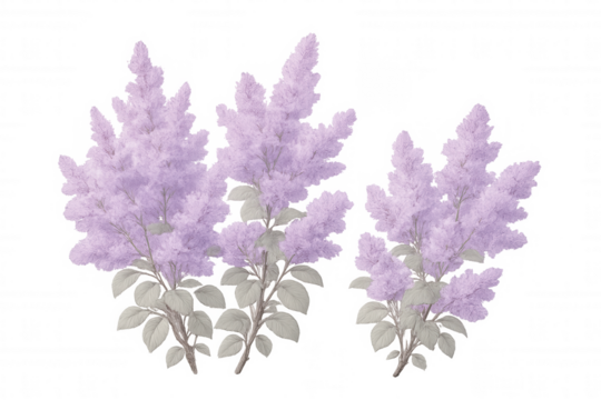 Lilac branches with purple flowers and gray-green leaves isolated on a transparent background, perfect for adding a touch of nature to designs - Powered by Adobe
