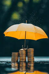 Protection of coins with yellow umbrella, business concept generated.AI