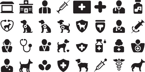 Collection of veterinary clinic icons including dogs doctors and medical equipment animal hospital pet care