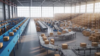 Automated Warehouse Logistics: Conveyor Belts and Package Sorting - Powered by Adobe