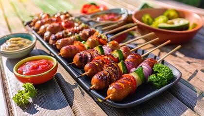 a colorful image of mini sausages arranged on skewers ready for grilling at a summer barbecue with fresh vegetables and dipping sauces on the side