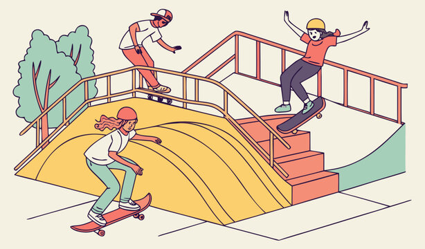 Happy teenage boys and girls or skateboarders riding skateboards at skatepark. Young men and women skateboarding and performing tricks on funboxes at skate park. Flat cartoon vector 