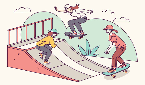 Happy teenage boys and girls or skateboarders riding skateboards at skatepark. Young men and women skateboarding and performing tricks on funboxes at skate park. Flat cartoon vector 