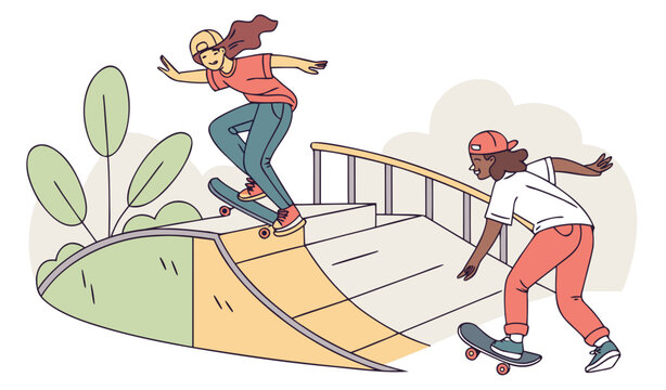 Happy teenage boys and girls or skateboarders riding skateboards at skatepark. Young men and women skateboarding and performing tricks on funboxes at skate park. Flat cartoon vector 
