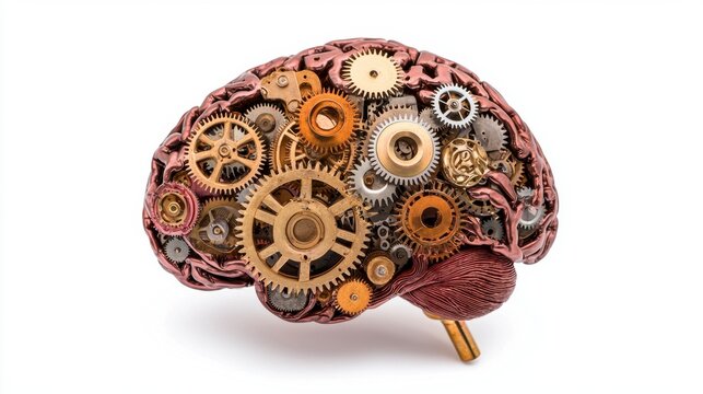 Conceptual Gears Brain Metallic Mechanism on White Backdrop Depicting Intellect and Innovation