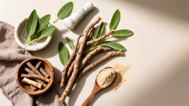 Ashwagandha Root and Fresh Leaves with Warm Earthy Tones