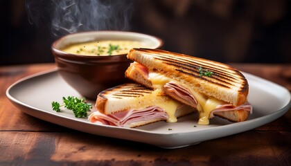 a freshly made panini with grill marks oozing with melted cheese and ham served with hot soup
