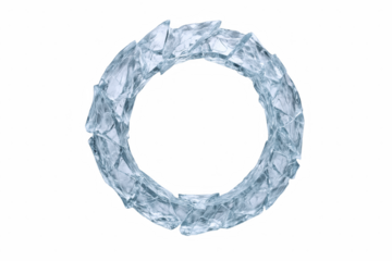 Abstract circular frame composed of sharp, translucent ice shards with a cool blue tint, isolated on black