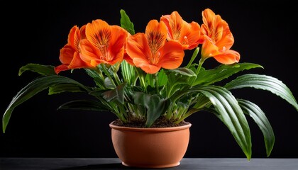 Fototapeta premium a potted plant with vibrant orange flowers and lush green leaves sits against a black background