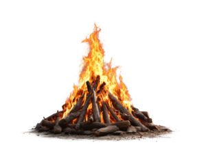 Bonfire celebration gathering firewood pile nighttime glow, isolated on transparent background, png