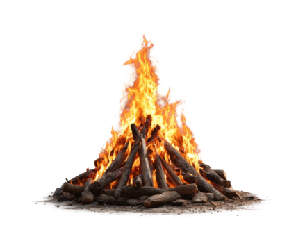 Bonfire celebration gathering firewood pile nighttime glow, isolated on transparent background, png
