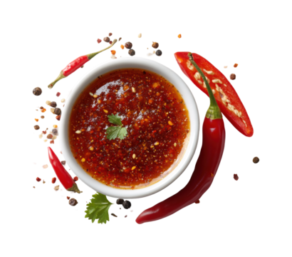 Spicy chili sauce recipe kitchen food bright top view, isolated on transparent background, png