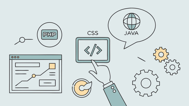 Software Development Concepts PHP CSS Java Chart Hand and Gears.