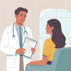 Doctor consulting patient in clinical setting with clipboard and stethoscope, symbolizing healthcare, diagnosis, and medical communication