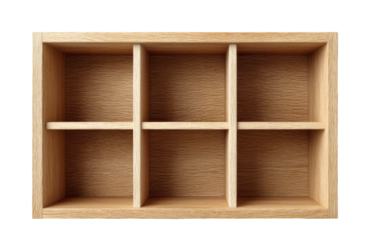 Organized wooden shelf display home interior furniture minimalist style, isolated on transparent background, png