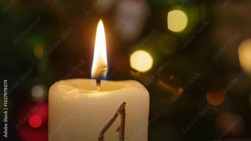 Poster the glow of a lit candle in the background with christmas tree lights creating a warm and festive at