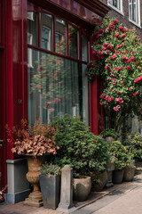 Big red windows with flowers on a street of Amsterdam