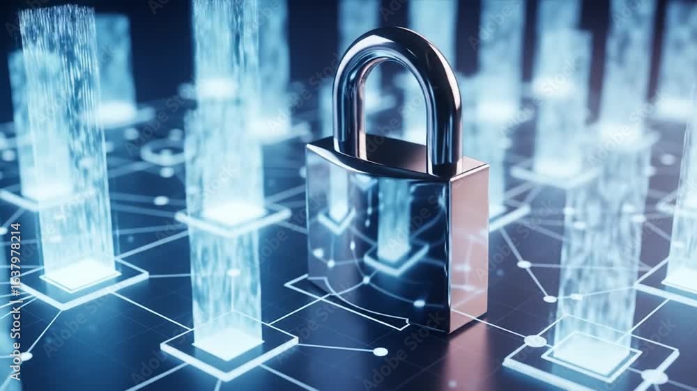 Poster cybersecurity lock on abstract glowing network symbolizes data encryption and safety in the digital 