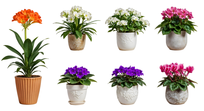 Set of various Houseplants: Clivia, Epipremnum, Saintpaulia, Cyclamen isolated on transparent background