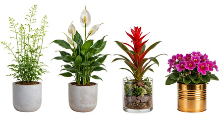 Fototapeta premium Set of various Houseplants: Asparagus, Spathiphyllum, Guzmania, Episcia isolated on transparent background
