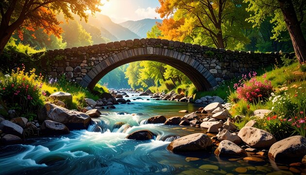 Stone Arch Bridge Over Mountain Stream In Autumn