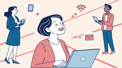 Three People Using Technology with Wireless and Email Icons.