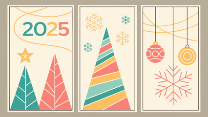 Three Retro Christmas and New Year 2025 Holiday Card Designs.