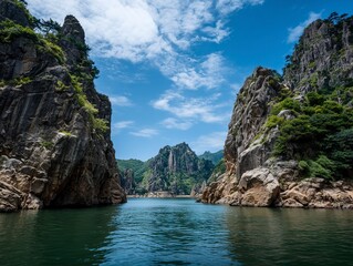 Obraz premium Landscape of Mountain - River Gorge, Natural Scenery Scene of Clear Water, Green Mountains and Rocky Cliffs