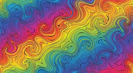 Rainbow swirl background with fluid colorful patterns and black outlines