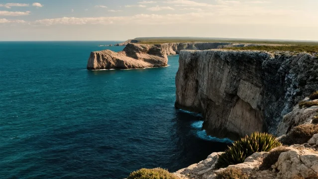 Jagged Sea Cliffs with Coastal Plants and Gentle Waves
